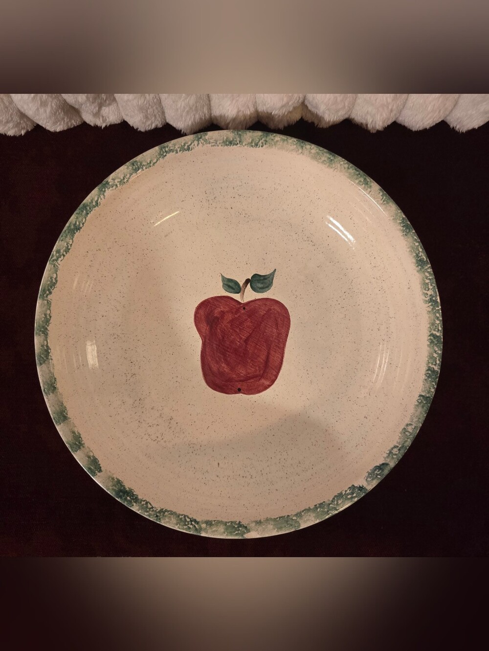 Vintage Studio Pottery Hand Painted Apple 11" Deep Serving Bowl Spongeware Rim